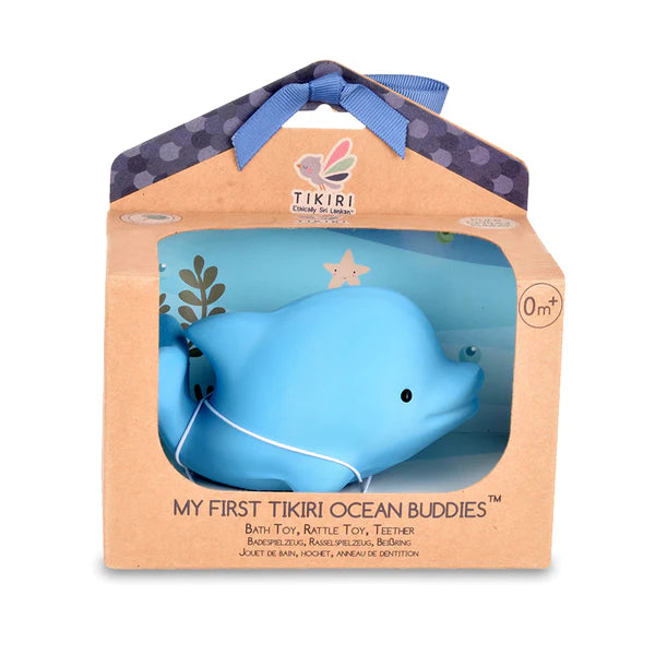 Tiriki Organic Natural Rubber Rattle, Teether, & Bath Toy | Dolphin