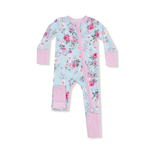 Charlotte Floral 2-way zipper romper with pink cuffs and fold-over feet, flat lay front view.