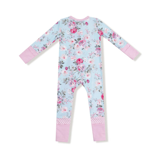 Back view of Charlotte Floral long-sleeve zipper romper with pink cuffs and gripper feet.