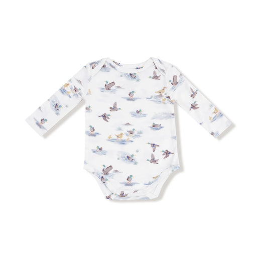 Migrating Mallards long sleeve lap-shoulder bodysuit, flat lay front view