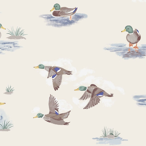 Closeup of migrating mallards print pattern on cream background