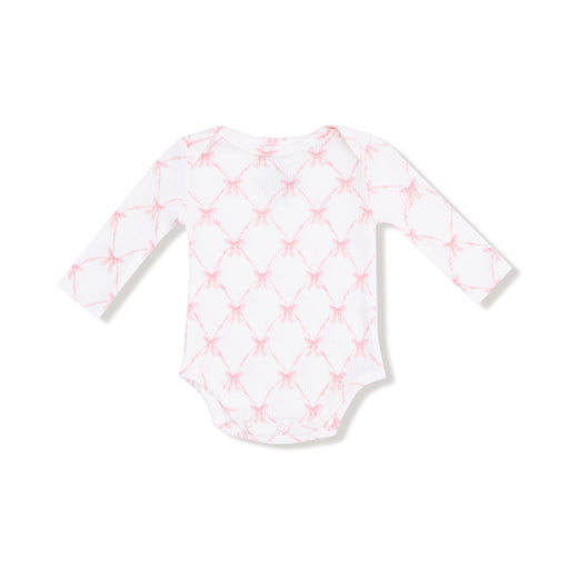 Long sleeve lap-shoulder bodysuit in pink ribbon bow trellis print, front flat lay