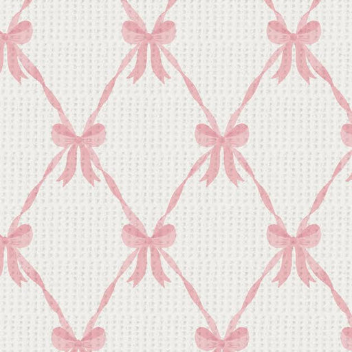Close-up swatch of pink ribbon bow trellis thermal waffle knit