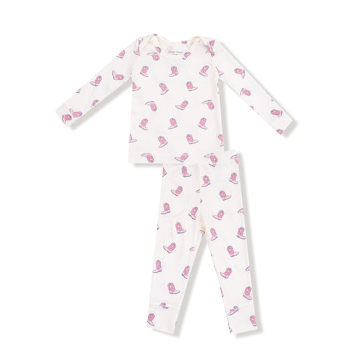 Long sleeve two-piece loungewear set in cream with pink cowgirl boot print, front flat lay