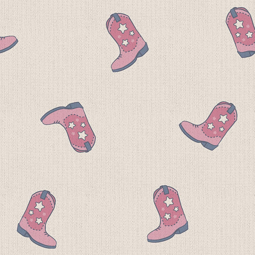Close-up swatch of pink cowgirl boots print on ribbed knit