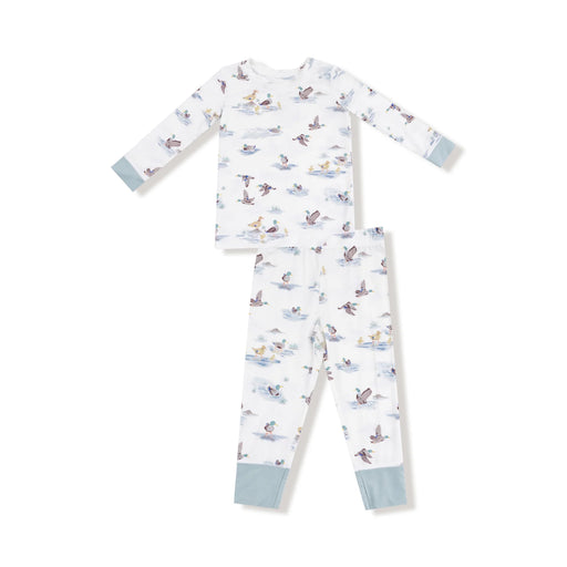 Long-sleeve top and pants set in Migrating Mallards print, laid flat