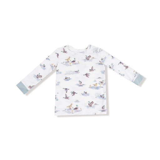 Closeup of long-sleeve top in Migrating Mallards print with blue cuffs