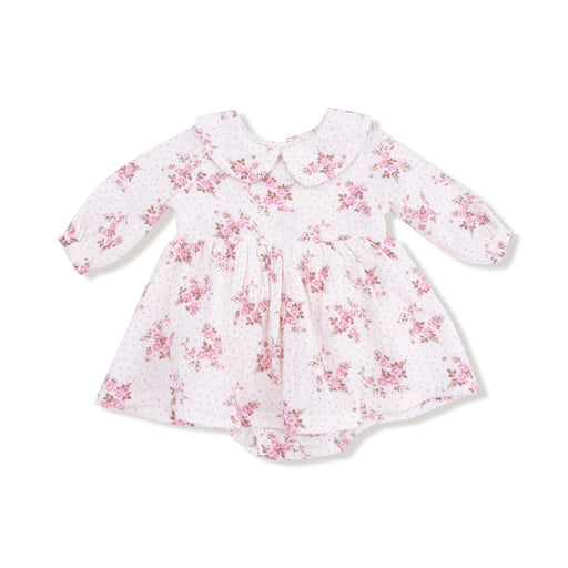 Long-sleeve smocked bubble with tutu in Belle Rosette Dot print, laid flat