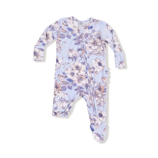 Woodrose Peri floral ruffle back footie, flat lay front view