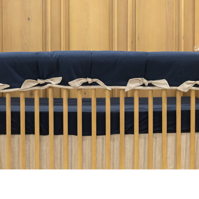 Custom Bedding | Crib Rail Cover | Navy w/ Taupe Linen Square Knot Ties & Cord