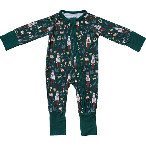 green nutcracker bamboo coverall with diagonal zipper on white background