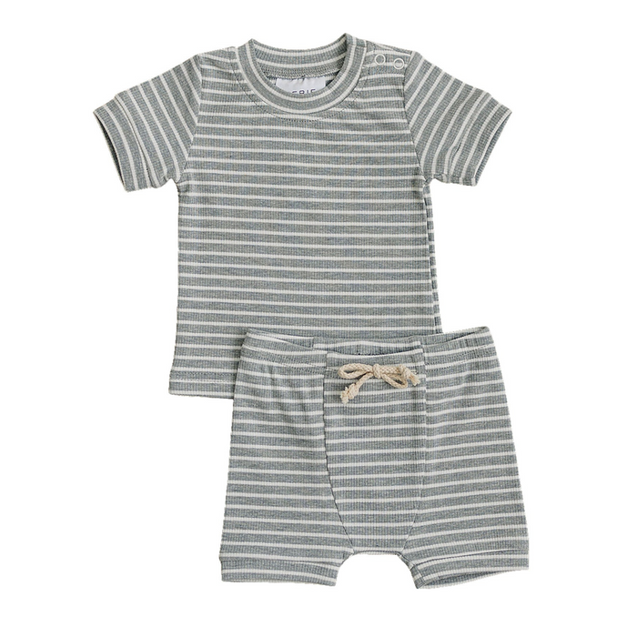 Mebie Baby Ribbed Cozy Short Set | Grey Stripe