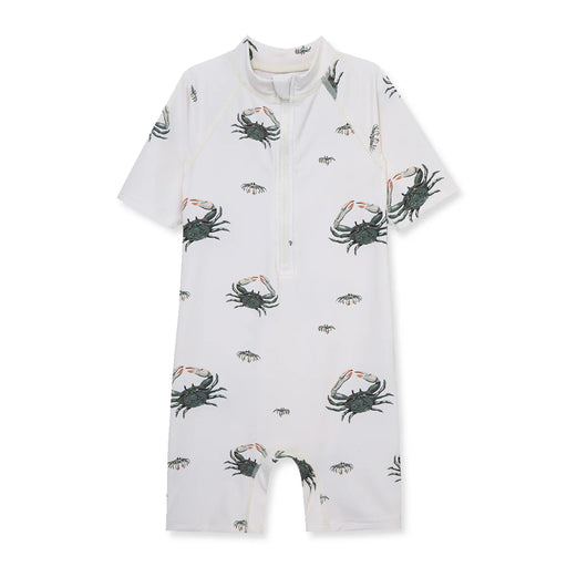 White short sleeve baby rashgaurd with crab pattern on a white background