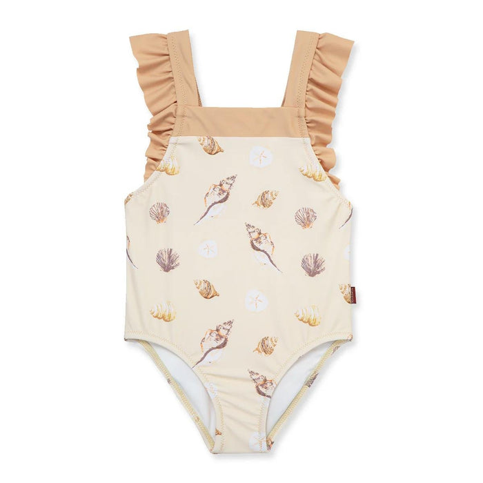 Beige swimsuit with shell pattern and ruffled straps on a white background