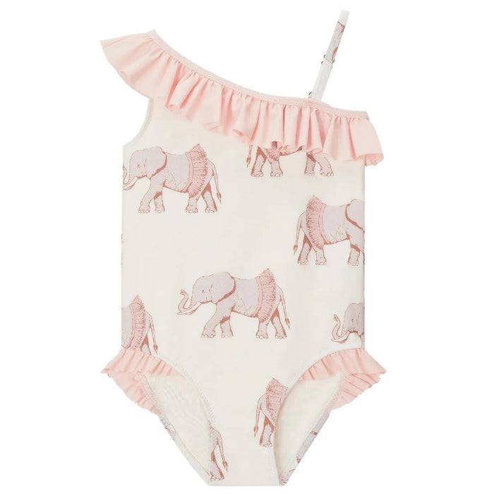 One-piece swimsuit with pink elephant wearing a tutu pattern on a white background