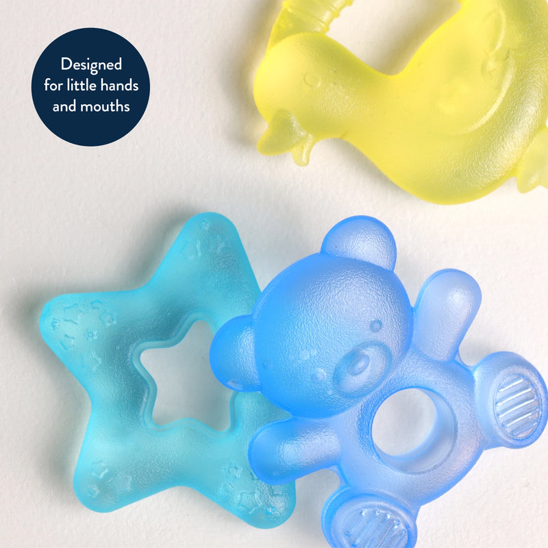 Close-up of Itzy Ritzy Cutie Coolers teethers, sized for little hands and mouths