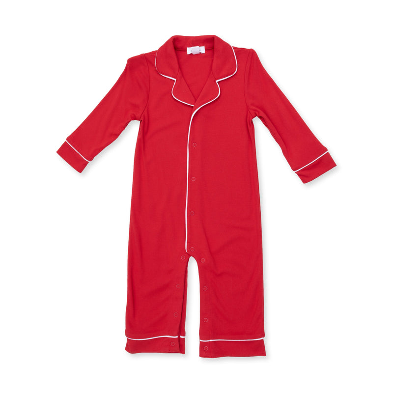 Angel Dear long sleeve coat style romper in Ribbon Red with white piping and button front