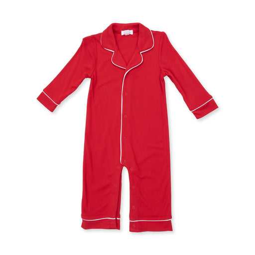 Angel Dear long sleeve coat style romper in Ribbon Red with white piping and button front