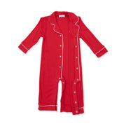 Angel Dear Ribbon Red coat style romper shown partly unbuttoned to show the easy snap opening