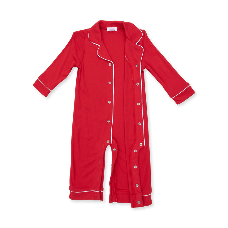 Angel Dear Ribbon Red coat style romper shown partly unbuttoned to show the easy snap opening