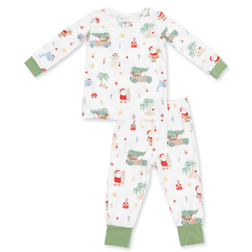 Angel Dear long sleeve loungewear set in Beach Christmas, white holiday print with sage green cuffs