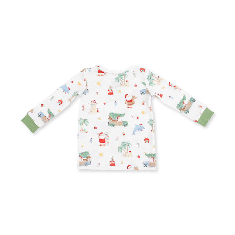 Angel Dear Beach Christmas loungewear top with Santa, palm trees and green cuffs
