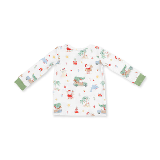 Angel Dear Beach Christmas loungewear top with Santa, palm trees and green cuffs