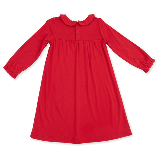 A bright red long-sleeve baby dress with a Peter Pan collar and gathered chest, laid flat on a white background.