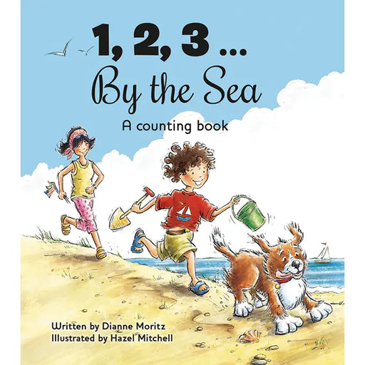 Book cover of '1, 2, 3... By the Sea' with children and a dog on a beach.