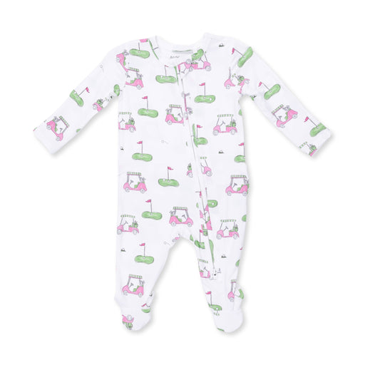 A white long-sleeve baby footed sleeper with an all-over golf-themed print featuring pink carts, green holes, and flags.