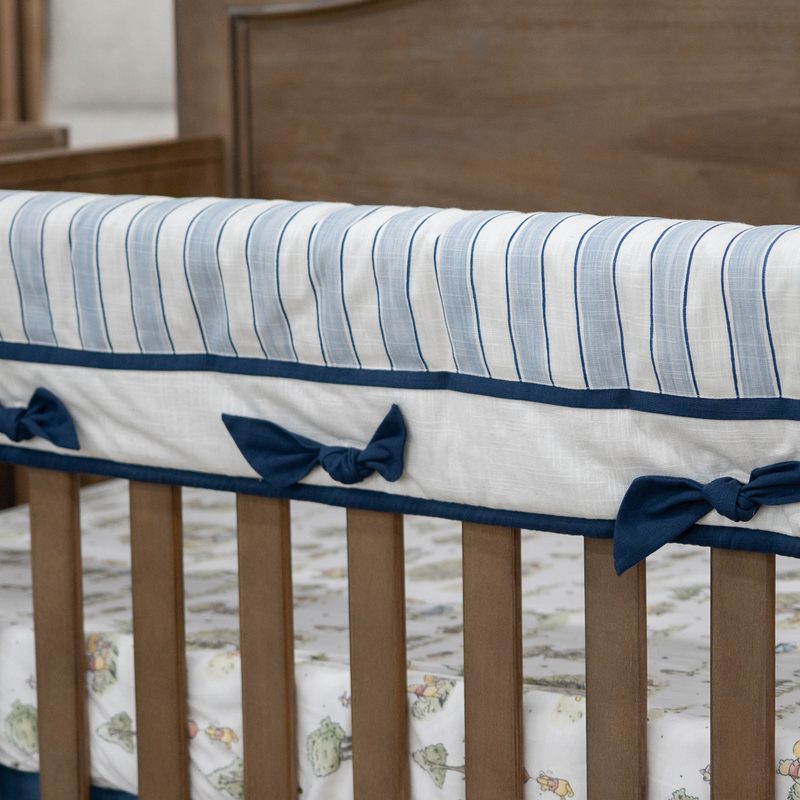 Custom Bedding | PREORDER | Teething Crib Rail Cover | Boardwalk Stripe with Navy Square Knot Ties