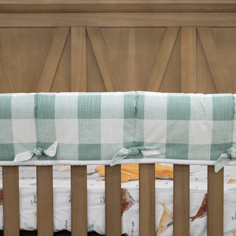 Custom Bedding | Crib Rail Cover | Canvas Buffalo Check Fern w/ Square Knot Ties