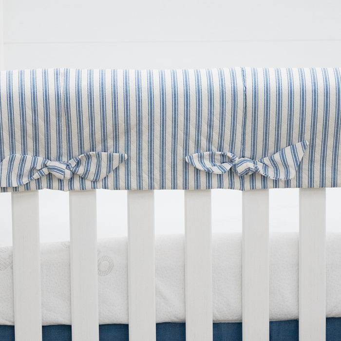 Custom Bedding | Crib Rail Cover | Quilted Ticking Chambray w/ Square Knot Ties