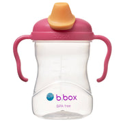Clear sippy cup with pink handles and orange lid on a white background, featuring the b.box logo.