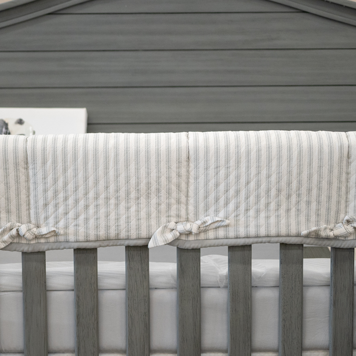 Custom Bedding | Crib Rail Cover | Quilted Ticking Smoke w/ Square Knot Ties and Grey Trim