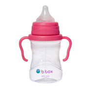 Pink baby bottle with handles on a white background