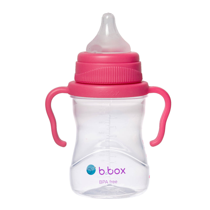 Pink baby bottle with handles on a white background