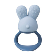 Blue rabbit-shaped teething ring on a white background
