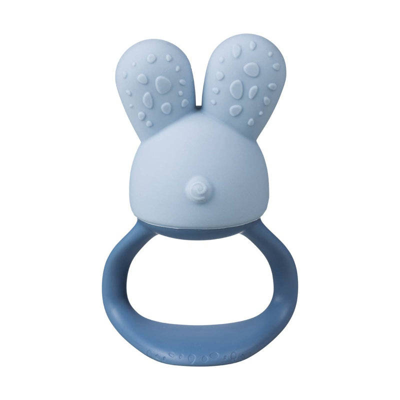 Blue rabbit-shaped teething ring on a white background