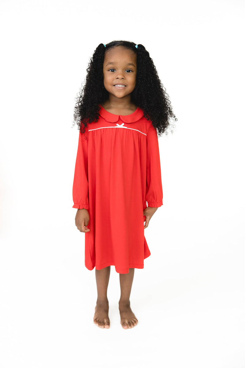Toddler girl wearing Angel Dear Ribbon Red long sleeve gown with white Peter Pan collar