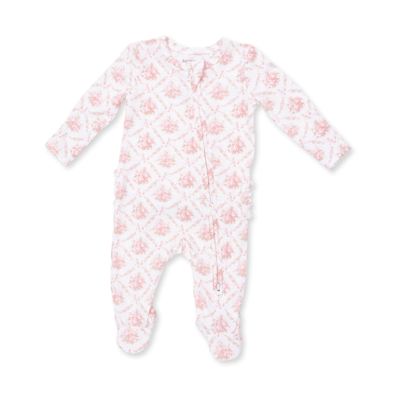 Angel Dear | 2 Way Ruffle Back Zipper Footie | Rose Bow Lattice
