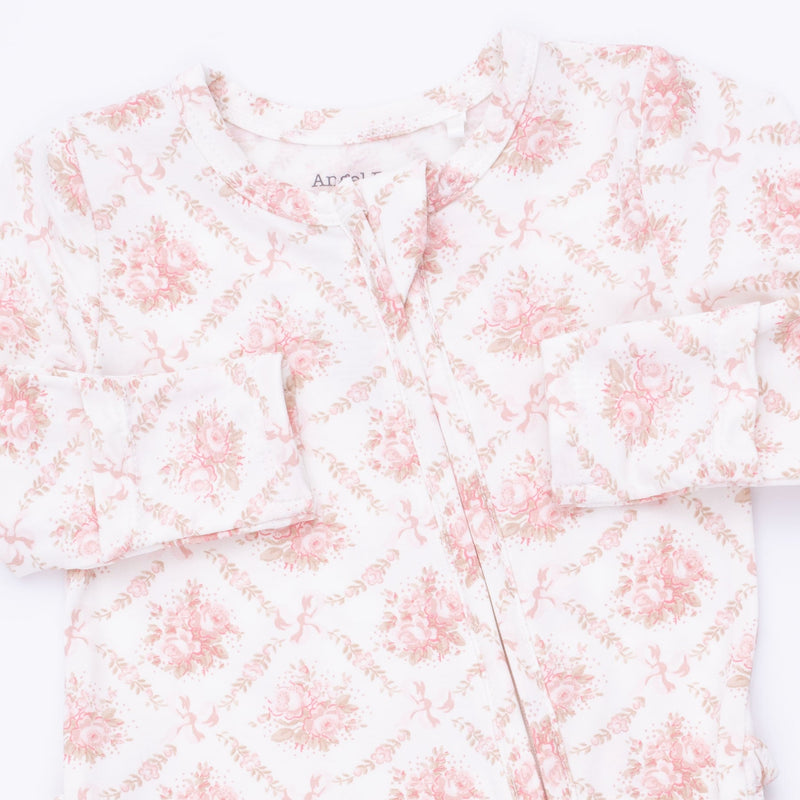 Angel Dear | 2 Way Ruffle Back Zipper Footie | Rose Bow Lattice