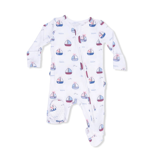A baby long-sleeve footed sleeper in white, featuring an all-over print of small sailboats in red, blue, and pink, with a zip front and a soft pocket on one leg.