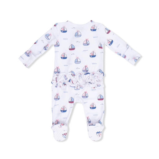 A baby long-sleeve footed sleeper in white, featuring an all-over sailboat print in blue and red, with a ruffled elastic waistband.