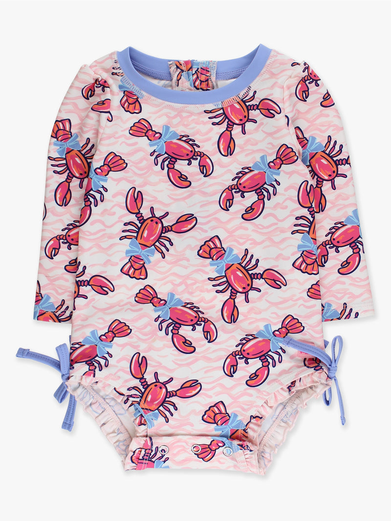 RuffleButts | One-Piece Long Sleeve Rash Guard with Rear Ruffles | Pink Lobster