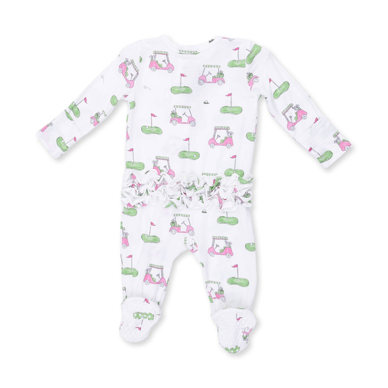 Baby onesie with golf-themed print on a white background