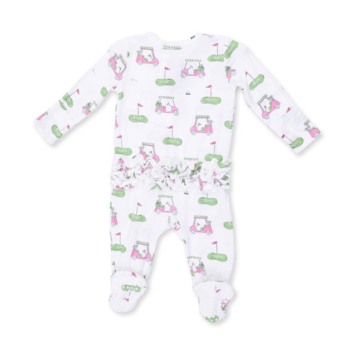 Baby onesie with golf-themed print on a white background