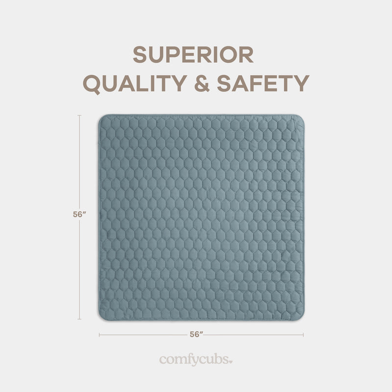 Blue textured mat with dimensions and 'comfyCubs' branding on a white background