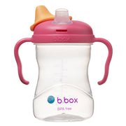 Clear sippy cup with pink handles and lid on a white background