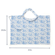 Itzy Ritzy blue floral breastfeeding cover laid flat with dimensions, 29.25 x 41.5 inches